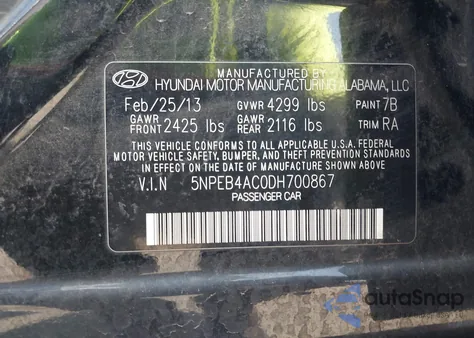 2013 Hyundai Sonata Gls из США, поврежденный, VIN 5NPEB4AC0DH700867